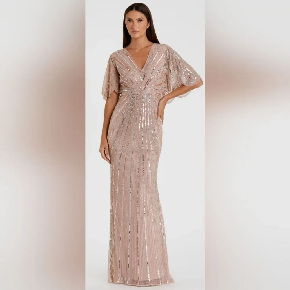Mac Duggal 93583 Sequined V Neck Cape Sleeve Column Gown NWOT size 16 Rose Pink - Picture 1 of 7